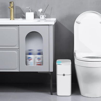 MOPUP Bathroom Trash Can, Automatic Bagging Garbage Can, 3.5 Gallon Slim Smart Small Plastic Trash Bin, Narrow Motion Sensor Trash Can for Bedroom, Office White