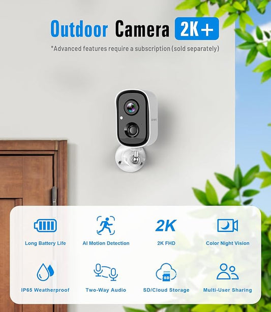 Security Cameras Wireless Outdoor, 2K Cameras for Home Security with Color Night Vision, SD/Cloud Storage,Longer Battery Life, Weatherproof, AI Motion Detection, Spotlight Siren Alarm