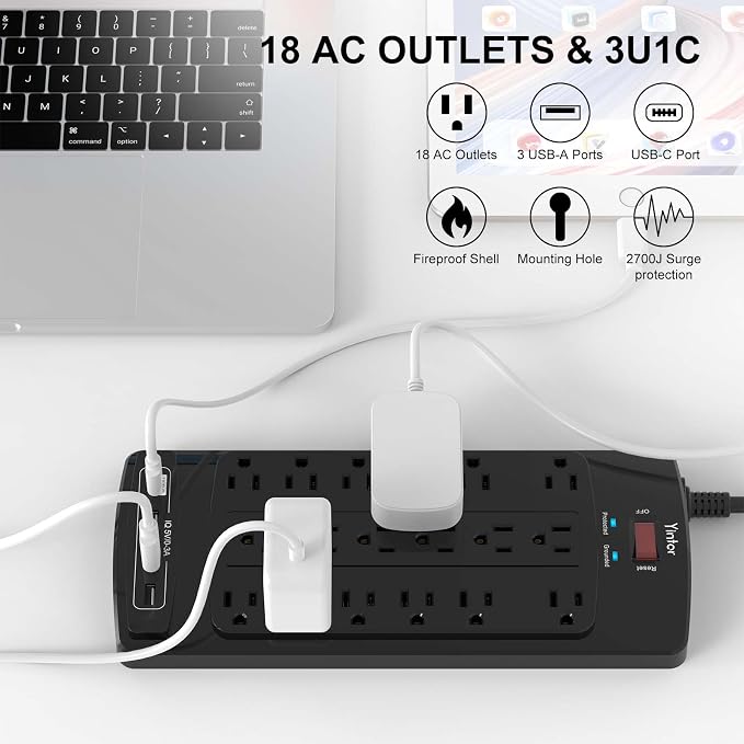 Yintar 6Ft Surge Protector Power Strip with 18 Outlets and 4 USB Ports | 6 Feet Flat Plug Heavy Duty Extension Cord with Multiple Outlets for Home, Office, Dorm Essentials, 2100 Joules, ETL, Black