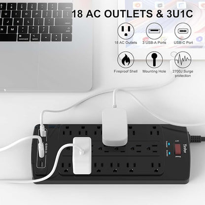Yintar 6Ft Surge Protector Power Strip with 18 Outlets and 4 USB Ports | 6 Feet Flat Plug Heavy Duty Extension Cord with Multiple Outlets for Home, Office, Dorm Essentials, 2100 Joules, ETL, Black