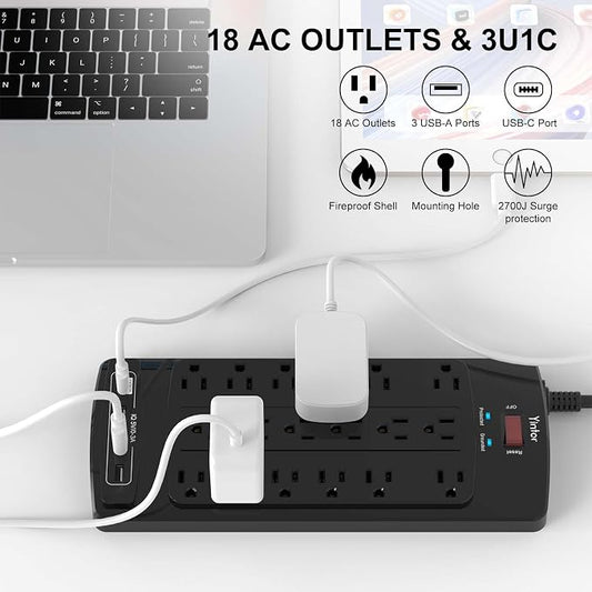 Yintar 6Ft Surge Protector Power Strip with 18 Outlets and 4 USB Ports | 6 Feet Flat Plug Heavy Duty Extension Cord with Multiple Outlets for Home, Office, Dorm Essentials, 2100 Joules, ETL, Black