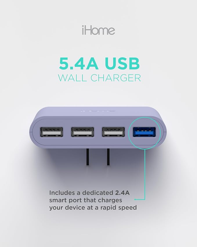 iHome Slim 4-Port USB Wall Charger, Flat Multiport Travel Plug Adapter | Foldable Prongs, 2.4A Rapid Charge Port, Charges iPhone, Android, iPad, AirPods, Travel-Friendly, Charging Block for Home Use