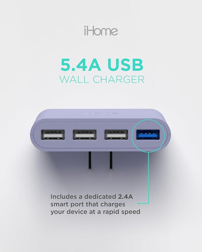 iHome Slim 4-Port USB Wall Charger, Flat Multiport Travel Plug Adapter | Foldable Prongs, 2.4A Rapid Charge Port, Charges iPhone, Android, iPad, AirPods, Travel-Friendly, Charging Block for Home Use