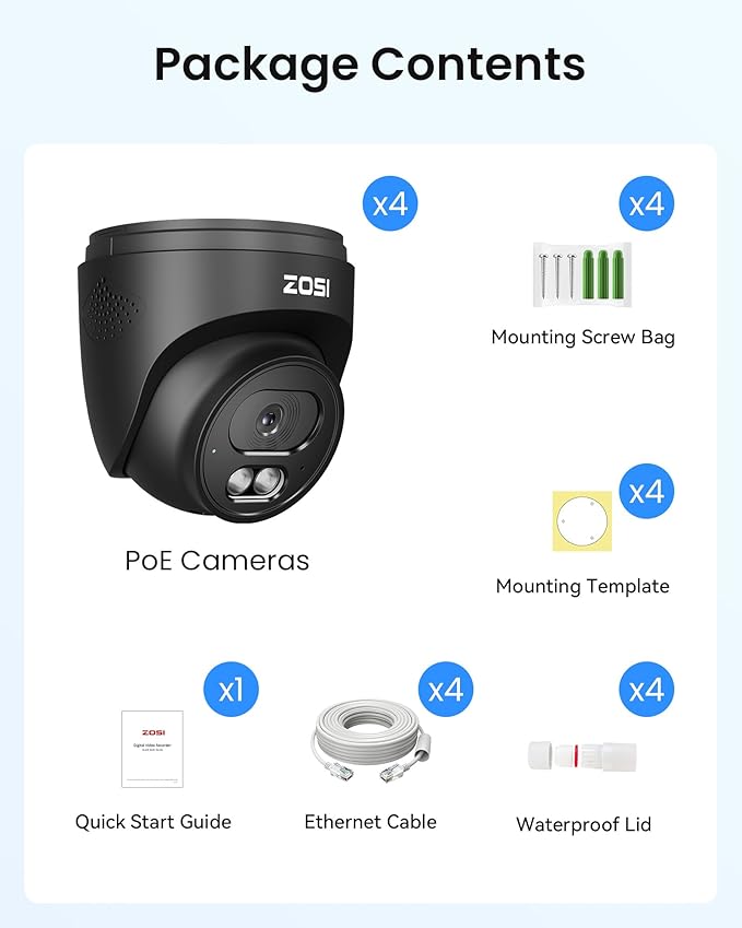 ZOSI C220 4Pack 4MP 2.5K QHD Add-On PoE IP Camera Outdoor, 1440p Surveillance Outdoor Camera to Home Security System, Only Work with ZOSI PoE NVR, 100ft Night Vision, AI Human Detection, One-Way Audio