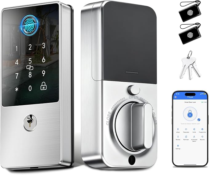Biometric Smart Lock Deadbolt, Keyless Entry Door Lock with App Control & Remote Code Generation, Electronic Fingerprint Keypad for Home, Airbnb & Bedroom, Auto-Lock, Anti-Peep(Silver)