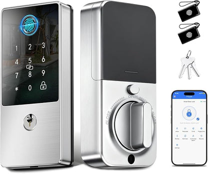 Biometric Smart Lock Deadbolt, Keyless Entry Door Lock with App Control & Remote Code Generation, Electronic Fingerprint Keypad for Home, Airbnb & Bedroom, Auto-Lock, Anti-Peep(Silver)
