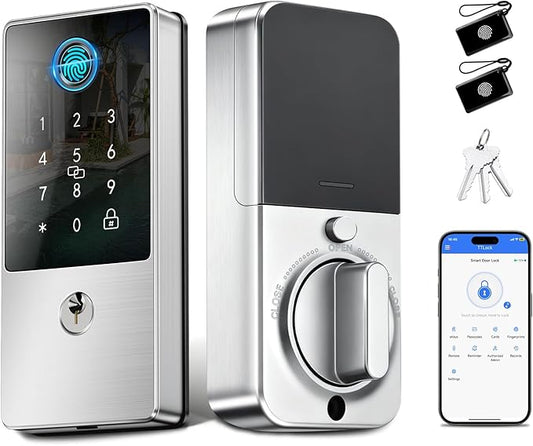 Biometric Smart Lock Deadbolt, Keyless Entry Door Lock with App Control & Remote Code Generation, Electronic Fingerprint Keypad for Home, Airbnb & Bedroom, Auto-Lock, Anti-Peep(Silver)