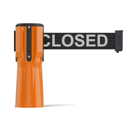 Trafford Industrial 11-Ft Cone-Mounted Retractable Belt Barrier Orange Case | Black Belt with "THIS LINE CLOSED" White Letters, 2-in Herringbone Webbing, 4-way Receiver, Controlled Retraction