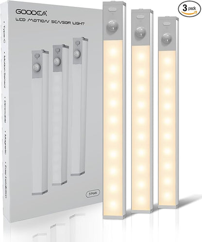GOODEA 3 Pack Led Under Cabinet Lights Wireless, 7’’ Rechargeable Motion Sensor Light Indoor, Dimmable Closet Lights for Cabinets, Bookshelf, Stair, Hallway Warm White