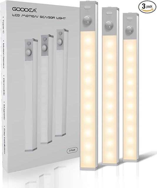 GOODEA 3 Pack Led Under Cabinet Lights Wireless, 7’’ Rechargeable Motion Sensor Light Indoor, Dimmable Closet Lights for Cabinets, Bookshelf, Stair, Hallway Warm White
