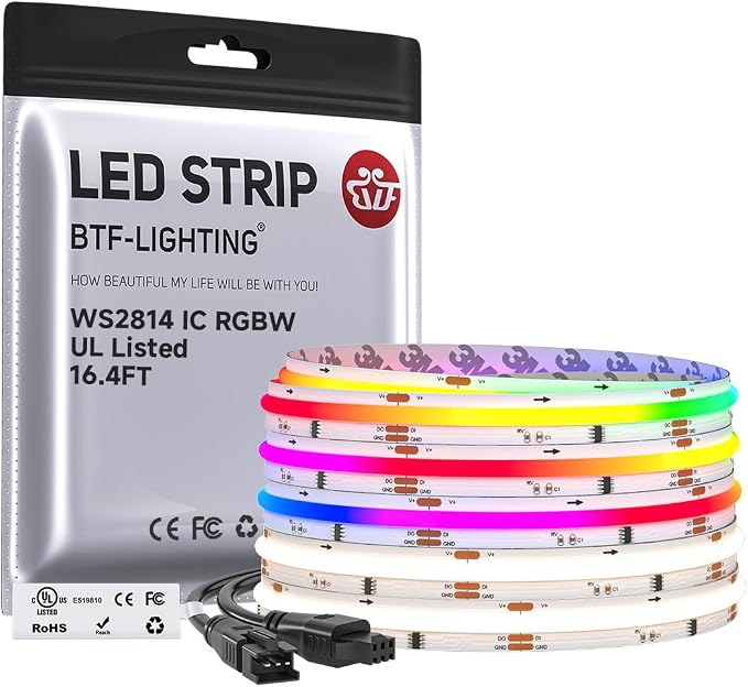 BTF-LIGHTING 16.4FT WS2814 Smart IC RGBW 4000K DC24V COB LED Strip Light | UL Listed 784LEDs/m High Density Color Chasing Uniform Light 10mm Width for Home Party DIY Lighting(No Adapter or Controller)