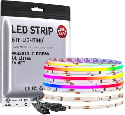 BTF-LIGHTING 16.4FT WS2814 Smart IC RGBW 4000K DC12V COB LED Strip Light | UL Listed 768LEDs/m High Density Color Chasing Uniform Light 10mm Width for Home Party DIY Lighting(No Adapter or Controller)