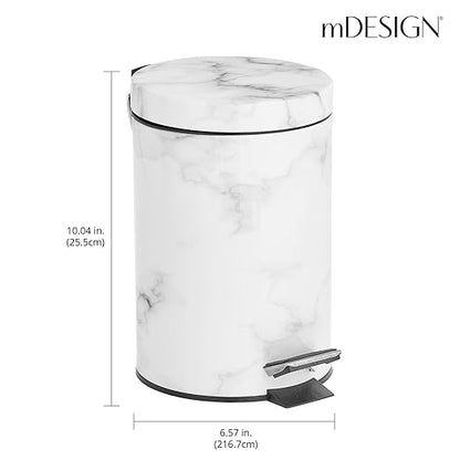 mDesign Extra Small Modern 3-Liter/.7 Gallon Round Metal Lidded Step Trash Can, Compact Garbage Bin with Removable Liner Bucket and Handle for Bathroom, Kitchen, Office, Garage - White Marble Print