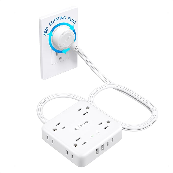 TROND Power Strip, 360° Rotating Flat Plug, 8 Widely Spaced Outlets, 2U2C Ports, Flat Plug Extension Cord 3ft, 1440J Surge Protector, 1625W, White