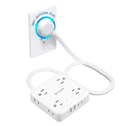 TROND Power Strip, 360° Rotating Flat Plug, 8 Widely Spaced Outlets, 2U2C Ports, Flat Plug Extension Cord 3ft, 1440J Surge Protector, 1625W, White