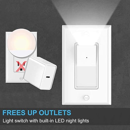 2 Pack Illuminated 3 Way Light Switch, Three Way Paddle Rocker Light Switch with LED Night Light, Automatic On/Off Sensor, 15Amp 120/277Volt, White