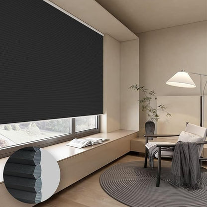 Cellular Shades Blackout Honeycomb Blinds for Indoor Windows, Cordless Cellular Shades 1.5 inch Cell Pleated for Bedroom Home Office, Custom Size, Blackout Black
