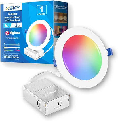Xsky 6 Inch Smart Canless Recessed Lighting, 1 Pack, Zigbee 3.0 RGB+CCT LED Downlight, 1100LM, Compatible with Alexa, Home Assistant, and Zigbee 3.0 Hubs