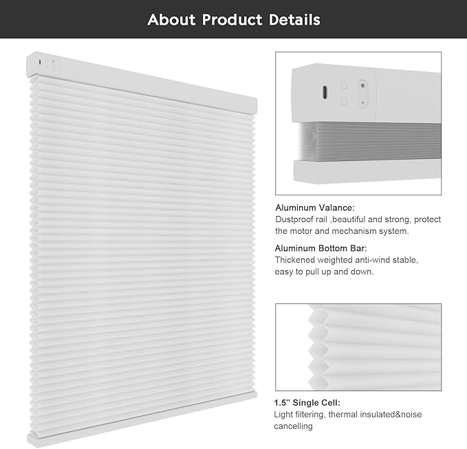 Changshade Motorized Cellular Shades for Windows Smart Blinds with Remote Control, Custom Size Compatible with Alexa, Google Home, Blackout, White