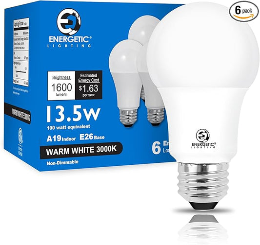 E ENERGETIC LIGHTING LED Light Bulbs 100 Watt Equivalent, Warm White 3000K, 1600LM Super Bright, Non-Dimmable A19 LED Light Bulbs, E26 Standard Base, ETL Listed, 6 Packs
