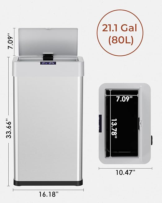 TLSUNNY 21.1 Gallon Motion Sensor Trash Can,Touchless Automatic Garbage Can,Brushed Stainless Steel Smart Bin,with Bag Holder,Soft Close Lid,for Kitchen,Office,RV,Bedroom,Living Room (Silver, 80L)