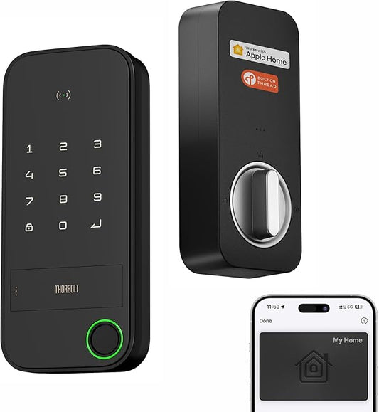 ThorBolt X1 Apple Home Key Lock, iOS ONLY Smart Keyless Entry HomeKit Door Lock with Fingerprint, Keypad Deadbolt Lock Works with HomeKit Over Thread (Border Router Required), IP65 Weatherproof, Black