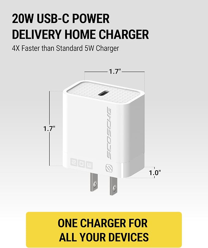 Scosche SHPDC20 PowerVolt 20W Power Delivery USB-C Home Wall Charger Block, Fast Charging Adapter Plug Compatible with Apple iPhone 16/15/14/13/12 Series, iPad and Type-C Android Cell Phone, White