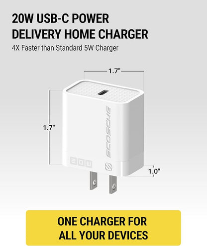 Scosche SHPDC20 PowerVolt 20W Power Delivery USB-C Home Wall Charger Block, Fast Charging Adapter Plug Compatible with Apple iPhone 16/15/14/13/12 Series, iPad and Type-C Android Cell Phone, White