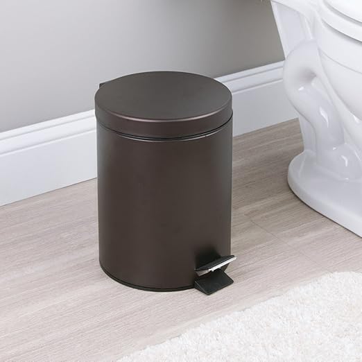iDesign 44211EU Metal Step Trash Can with Lid, 5 Liter Waste Basket Bin with Insert for Bathroom, Kitchen, Office, 8" x 8" x 11", Bronze
