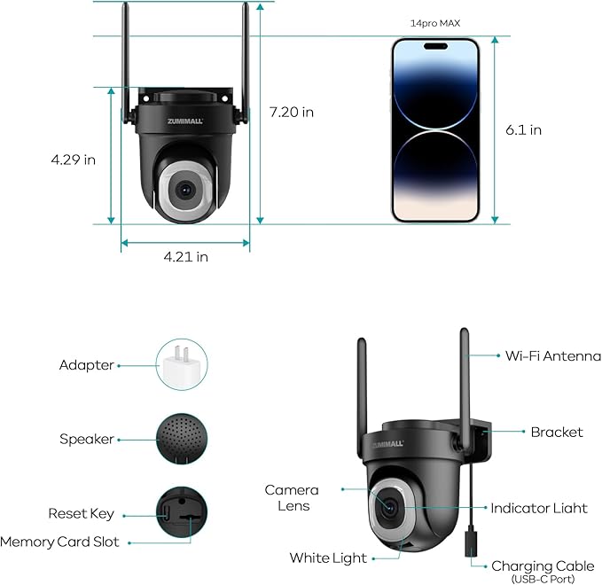ZUMIMALL 2K 3MP Wired Outdoor Camera, 2.4G/5G WiFi Security Camera, 24/7 Recording, AI Motion Detection, Cloud & SD Card Storage, 2-Way Audio, 360° PTZ Auto Tracking, Compatible with Alexa (Black)