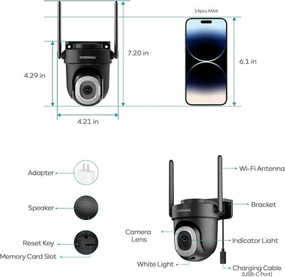 ZUMIMALL 2K 3MP Wired Outdoor Camera, 2.4G/5G WiFi Security Camera, 24/7 Recording, AI Motion Detection, Cloud & SD Card Storage, 2-Way Audio, 360° PTZ Auto Tracking, Compatible with Alexa (Black)
