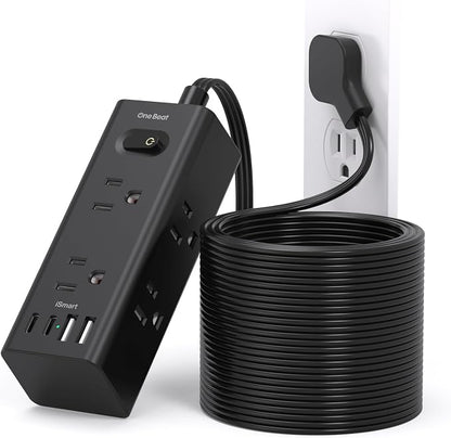 25Ft Extension Cord with Multiple Outlets, Flat Plug Power Strip Surge Protector with 20 Ft Long Cord, 6 Outlet 4 USB Ports (2 USB C), Multi Outlet Wall Plug for College, Dorm Room Essentials(Black)