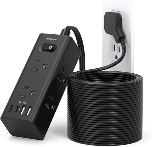 25Ft Extension Cord with Multiple Outlets, Flat Plug Power Strip Surge Protector with 20 Ft Long Cord, 6 Outlet 4 USB Ports (2 USB C), Multi Outlet Wall Plug for College, Dorm Room Essentials(Black)