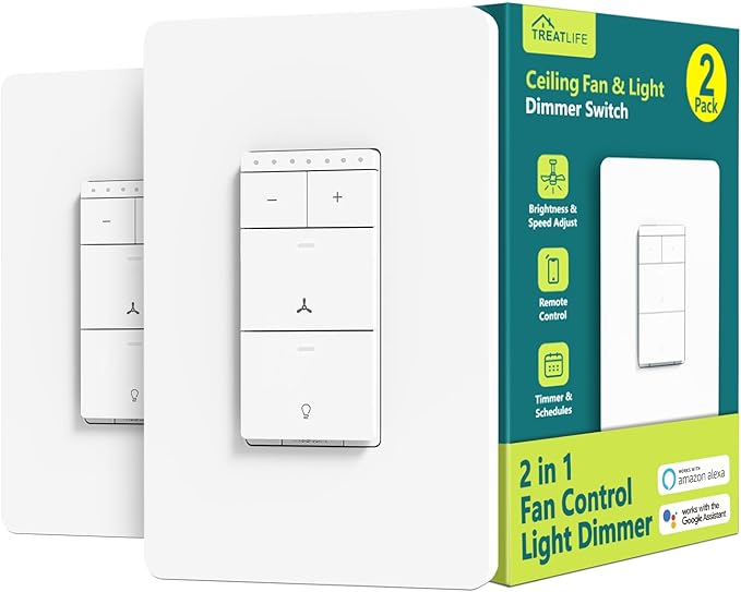 TREATLIFE Smart Ceiling Fan Control and Dimmer Light Switch 2Pack, Neutral Wire Needed, 2.4GHz Single Pole Wi-Fi Fan Light Switch Combo Works with Alexa, Google Home and SmartThings, Remote Control