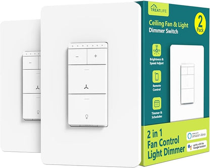 TREATLIFE Smart Ceiling Fan Control and Dimmer Light Switch 2Pack, Neutral Wire Needed, 2.4GHz Single Pole Wi-Fi Fan Light Switch Combo Works with Alexa, Google Home and SmartThings, Remote Control