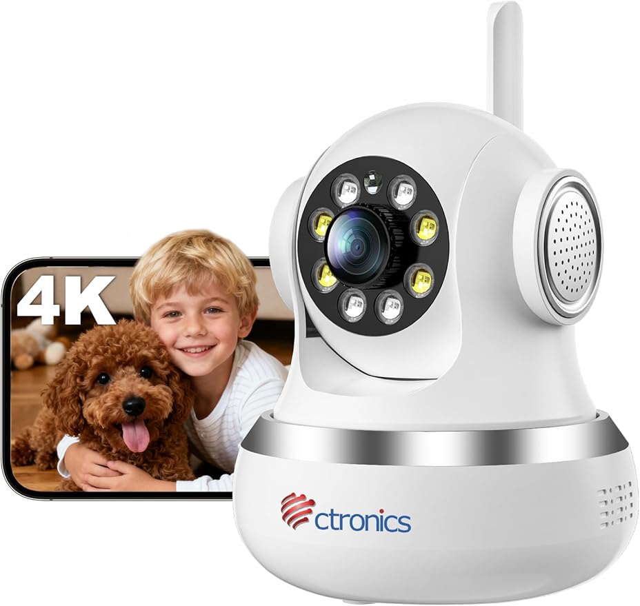 Ctronics 4K Security Camera Indoor, Dual-Band Wi-Fi, AI Human/Pet Detection with Auto Tracking, 20m Full-Color Night Vision, Sound & Light Alarm, 8 Preset Positions, App & PC