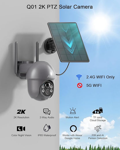 ANRAN Security Camera Wireless Outdoor with 360° View, 2K Solar Outdoor Camera with Smart Siren, Spotlights, Color Night Vision, PIR Human Detection, Pan Tilt Control, 2-Way Talk, IP65, Q1 Grey