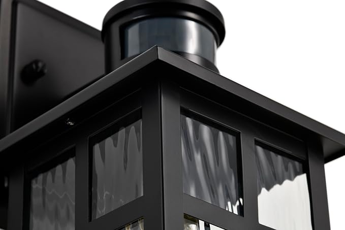 Edvivi Outdoor Wall Lights Exterior, Dusk to Dawn Motion Sensor Outdoor Lighting Fixture with Water Glass, 12 in. H 1-Light Matte Black Waterproof Wall Lantern Light for Patio Garden Garage Entryway