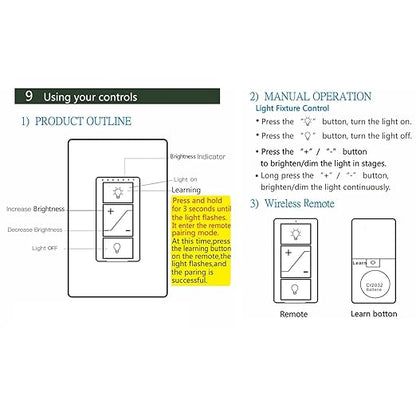 Humpptom Dimmer Switch, Remote Light Switch with Wireless Remote Control, Single Pole Smart Wireless Light Switch Support 2.4G&5G Compatible with Alexa