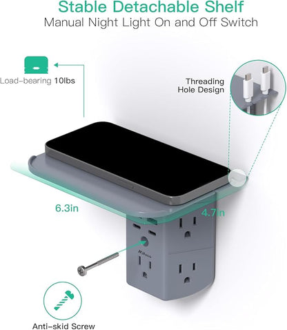 Wall Outlet Extender with Shelf and Night Light, Surge Protector, USB Wall Charger with 5 AC Outlets and 3 USB A Ports 1 USB C Port Wide Space 3-Sided Power Strip Multi Plug Outlets, Gray
