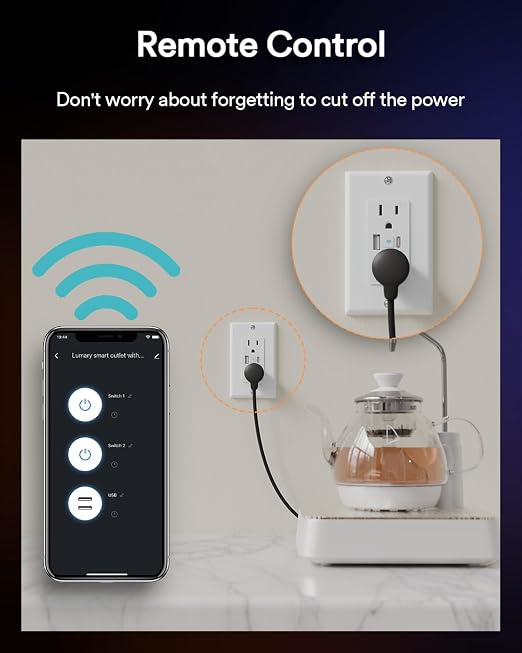 Lumary Smart Outlet with USB-A/C Ports 110V 15A, Timer, Remote Control, FCC | Tamper-Resistant, Group, No Hub Required, 2.4G WiFi Wall Outlet, Works with Alexa/Google Home, Kitchen/Bedroom/Office, 1 Pack