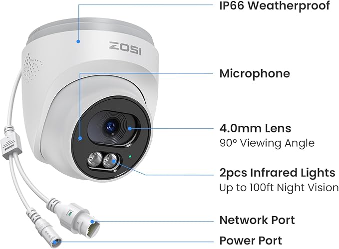 ZOSI C220 4K UHD 8MP Add-On PoE IP Camera Outdoor Indoor, Surveillance Security Camera for Home, AI Person/Face/Vehicle Detection, One-Way Audio, 100ft IR Night Vision, Only Work with ZOSI PoE NVR