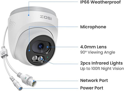ZOSI C220 4K UHD 8MP Add-On PoE IP Camera Outdoor Indoor, Surveillance Security Camera for Home, AI Person/Face/Vehicle Detection, One-Way Audio, 100ft IR Night Vision, Only Work with ZOSI PoE NVR