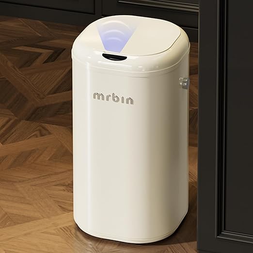 MRBIN Metal Automatic Tall Kitchen Trash Can with Lid, 18L / 4.8gal Slim Motion Sensor Waste Basket, Touchless Electric Garbage Bin for Office and Bathroom, Cream White