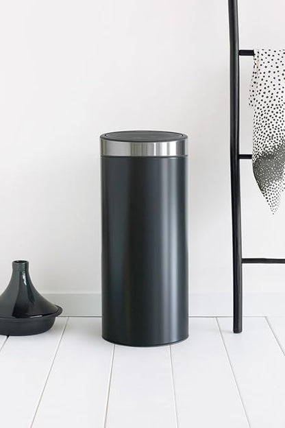 Brabantia Press-Top Kitchen Trash Can | Steel/Black | 8 Gallon / 30L | Home Trash Can with Soft-Touch Stay-Open Lid & Removable Inner Bucket | + Trash Bags