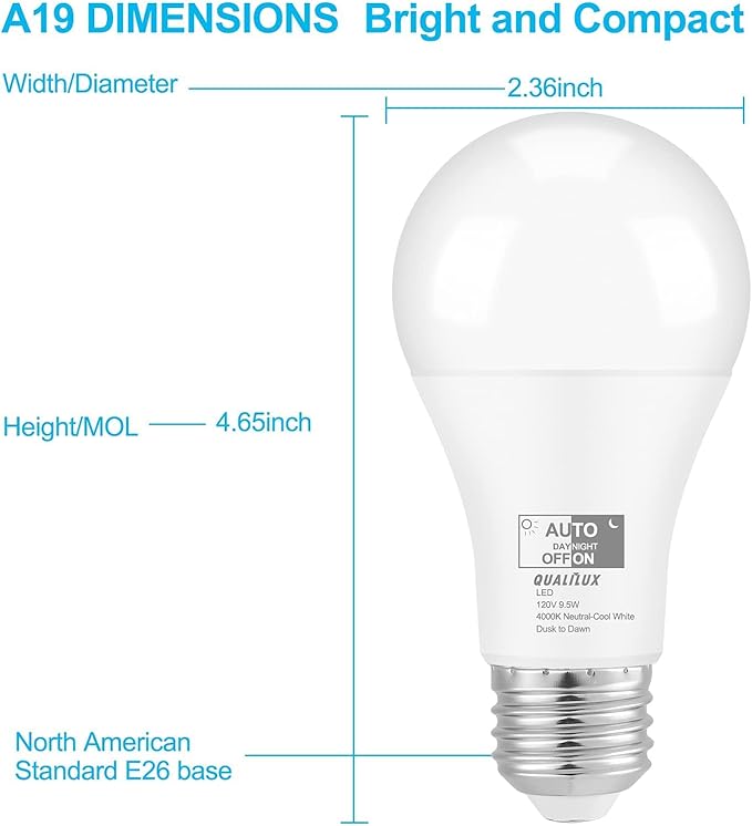 Qualilux Dusk to Dawn Light Bulbs 4000K Cool White Bright White (Neutral White), 850LM, 60W Equivalent, LED 9.5W, A19, E26 Base, 2-Pack, HQ-H013