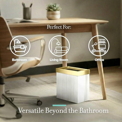 Gatco Modern Rectangle Wastebasket, White Oak/Brushed Brass Lid - Stainless Steel Trash Can with Removable Lid, Leakproof, 3 Gallon Capacity for Bathroom, Bedroom, Kitchen, or Office