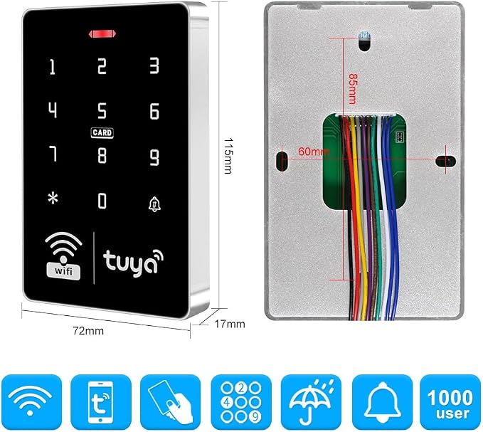 LIBO Tuya Smart Access Control Keypad with 10 IC Key Fobs | IP68 Weatherproof Keypad, 1000 Users, RFID IC Card & PIN Code, ABS Housing, for Home, Office, Business