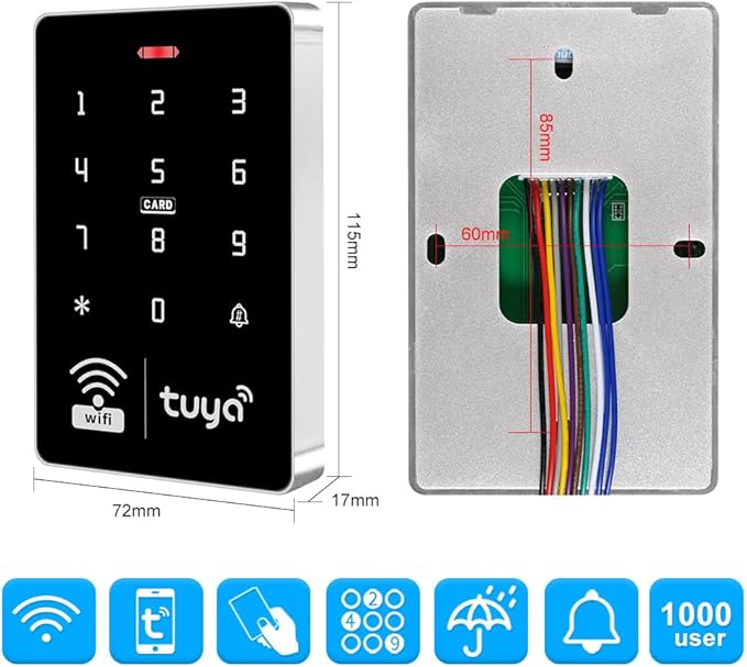 TUYA WiFi Access Controller with Waterproof RFID Touch Keypad, Power Supply, Metal Sensor Switch, Doorbell, Smart Remote Door Opener, App Remote Unlock, Home Security Access Control (Lockless)