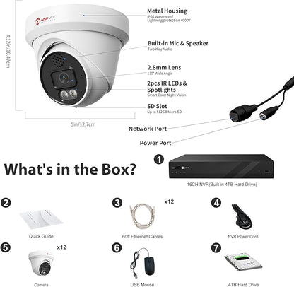 [Active Deterrent] - Anpviz 16 Channel 4K PoE Security Camera System with Two Way Audio, AI Human Vehicle Detection,12x 8MP Wired IP Turret Cameras Outdoor, 16CH 12MP PoE NVR with 4TB HDD for Business